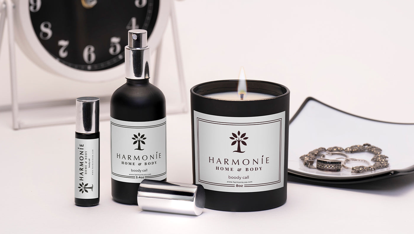 Harmonie USA Boody Call Candle, Spray, and Perfume Rollers Are Scented With A Custom Blend of exotic, non-toxic fragrances. fragrance